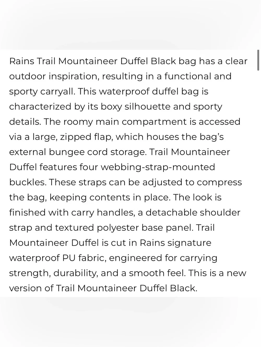 NWT Rains Black Mountaineer Duffle Bag Waterproof Unisex Gift Travel Gym